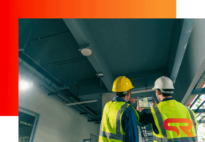 Two construction workers wearing safety helmets and neon vests inspecting a building ceiling using a tablet.