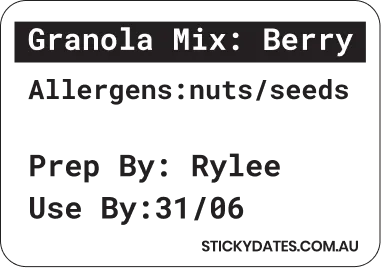 Product label with the title 'Granola Mix: Berry' in white text on a black background.