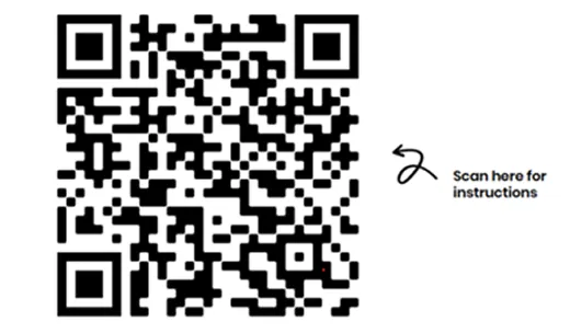 QR code with arrow pointing right and text 'Scan here for instructions'.