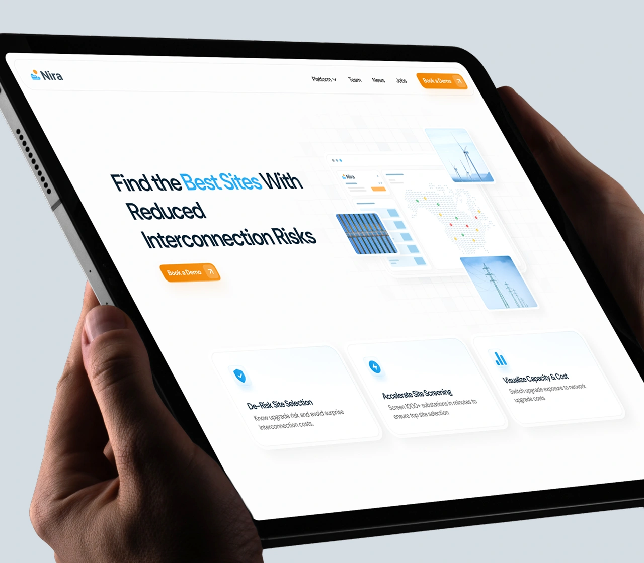Hands holding a tablet displaying Nira's site selection tool with reduced interconnection risk features.