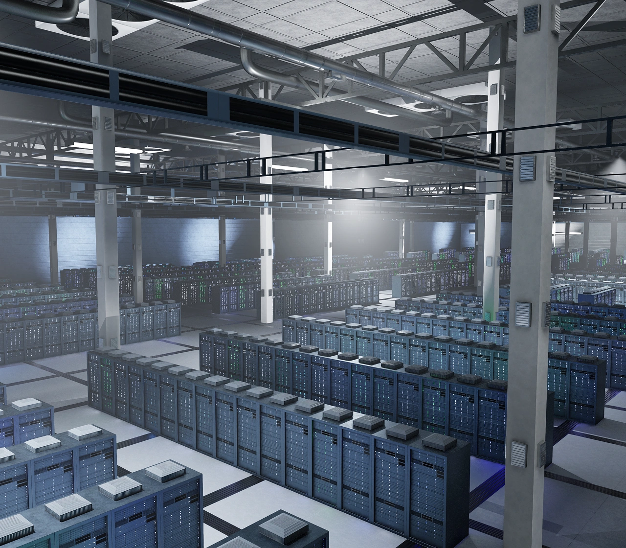 Large data center with rows of server racks under ceiling ventilation and lighting.