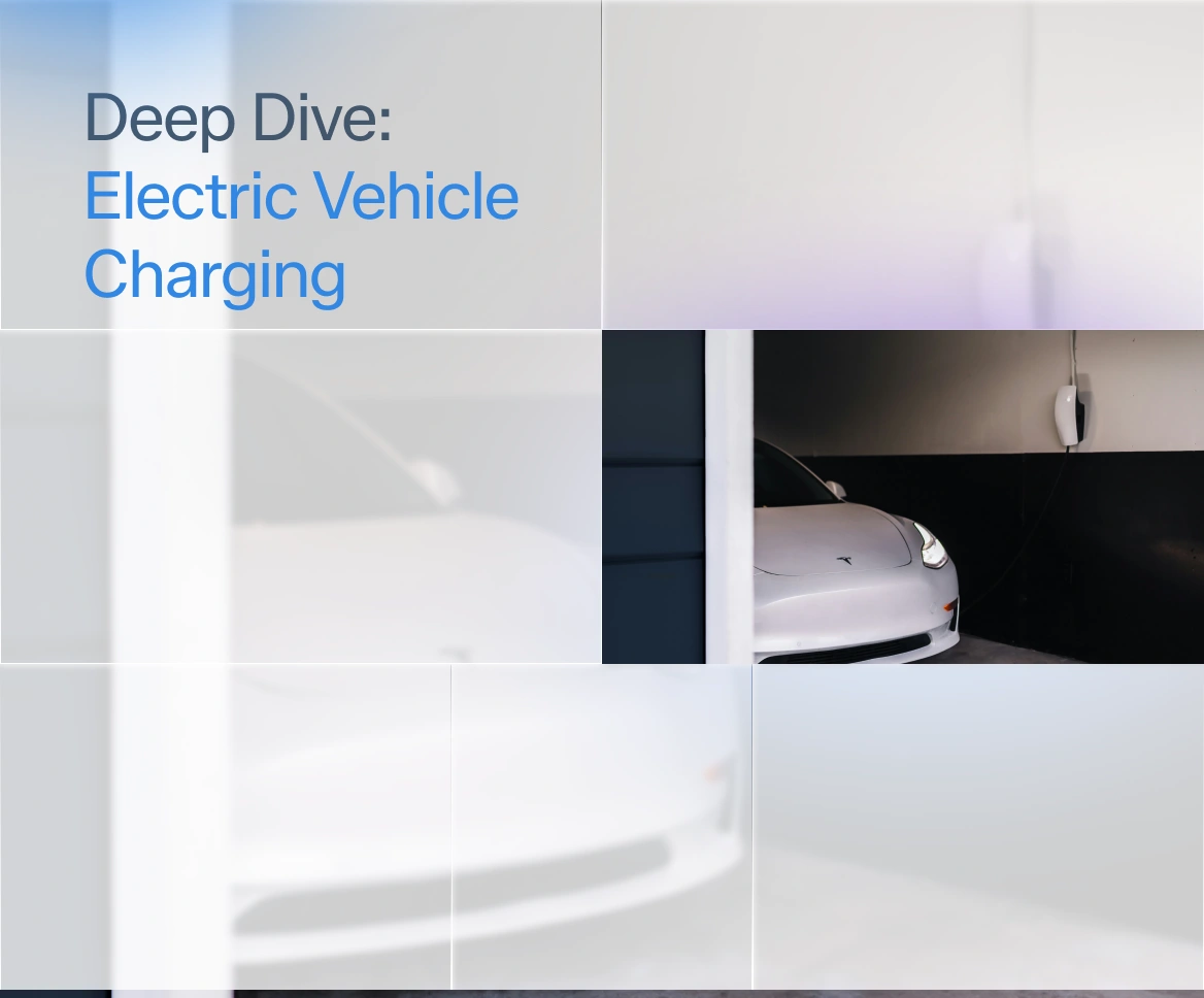 White Tesla electric vehicle charging in a garage with text 'Deep Dive: Electric Vehicle Charging'.