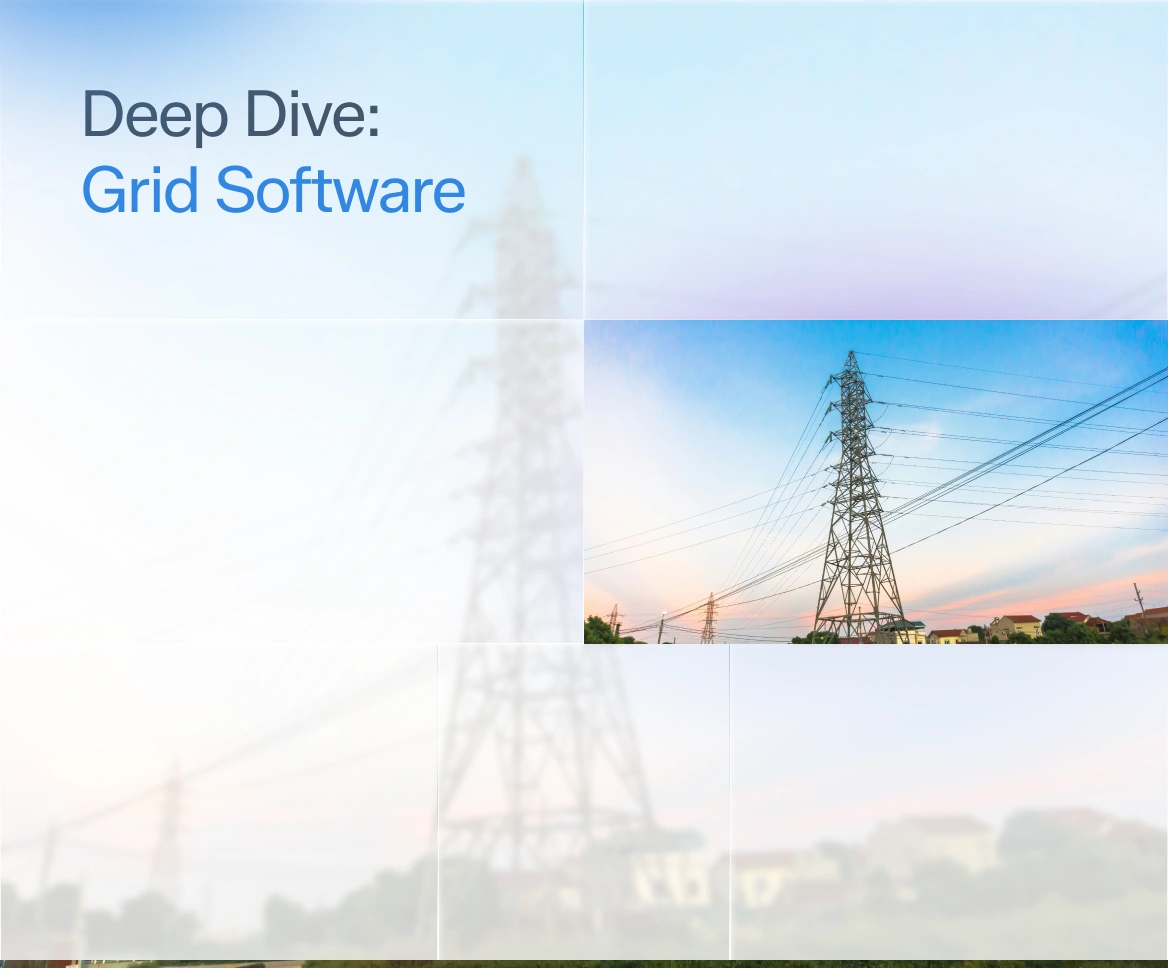 Electricity transmission towers with power lines at sunset beneath a blue sky, titled Deep Dive Grid Software.