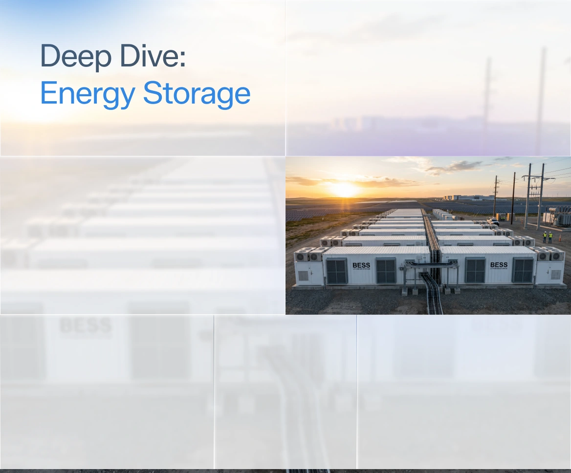 Large outdoor energy storage units labeled BESS with sunset and power lines in the background.