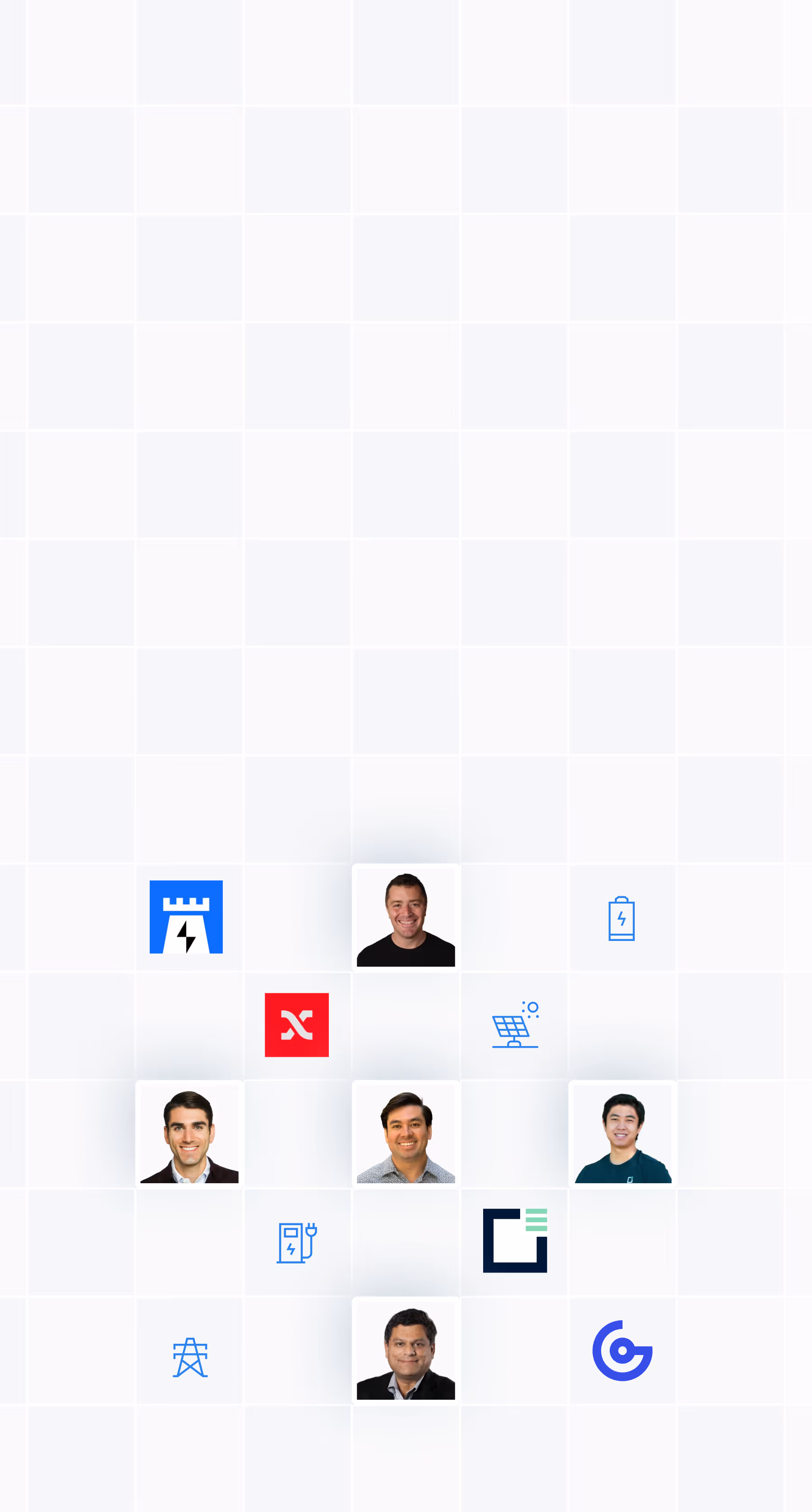 Portraits of five men surrounded by energy and technology icons on a light grid background.