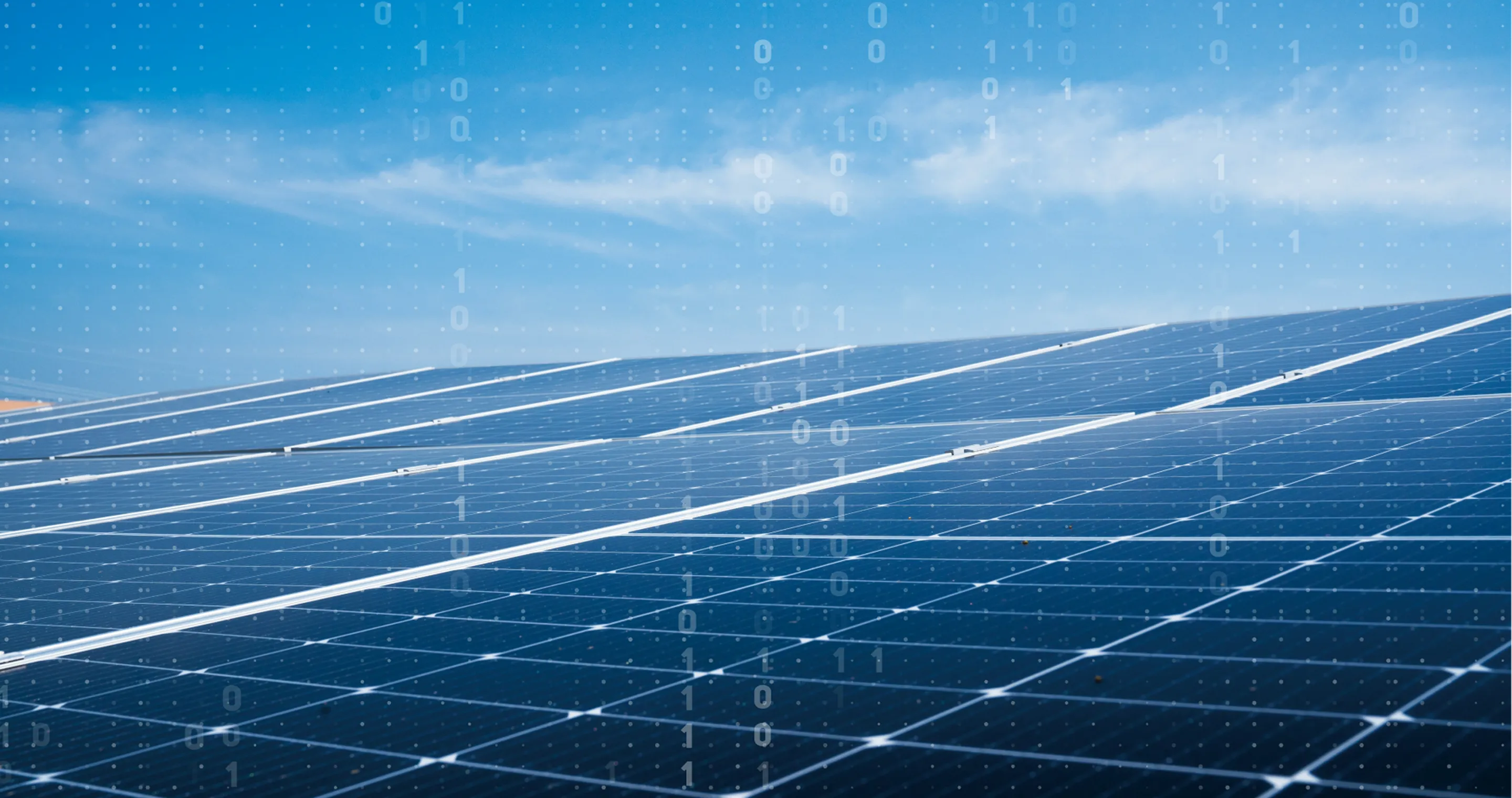 Rows of solar panels under a blue sky with faint binary code overlay.