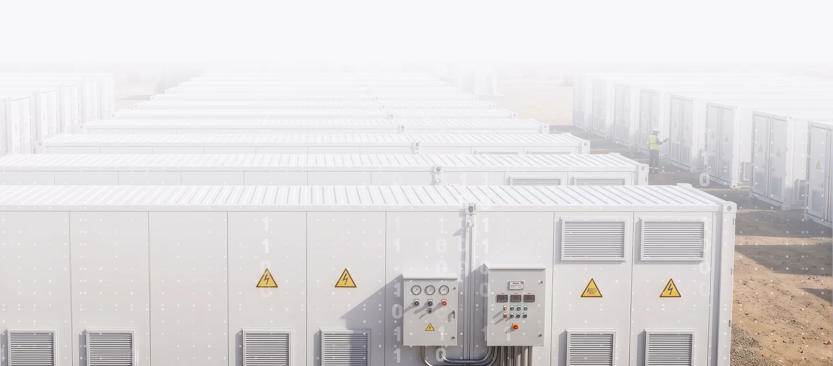 Rows of white electrical storage units in a solar power plant with a worker inspecting one unit.