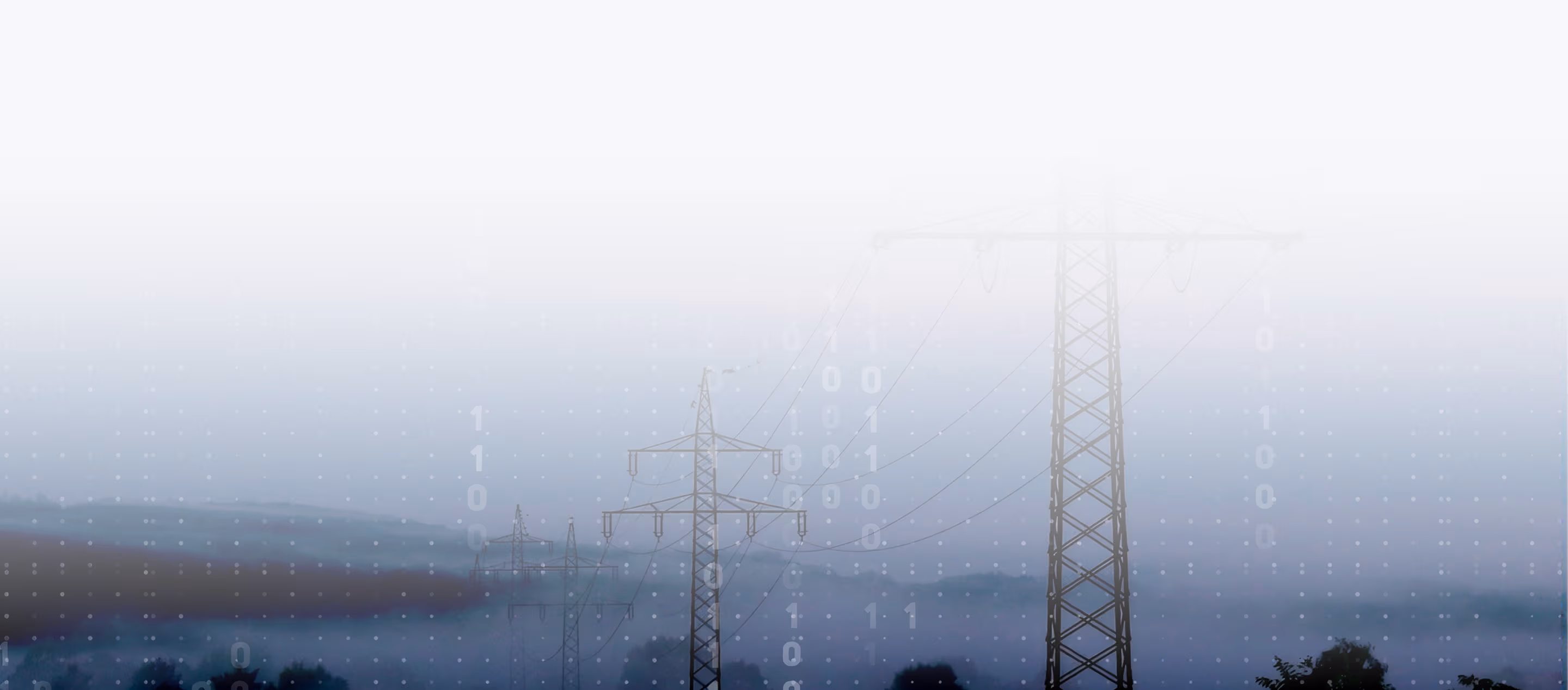 Electrical transmission towers with power lines at dusk under a pink and blue sky.