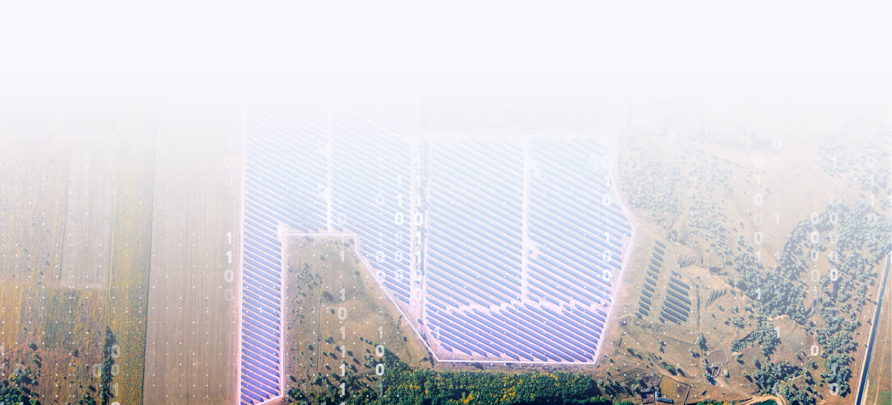 Aerial view of solar panel farm with coded binary digits overlay on farmland and vegetation.