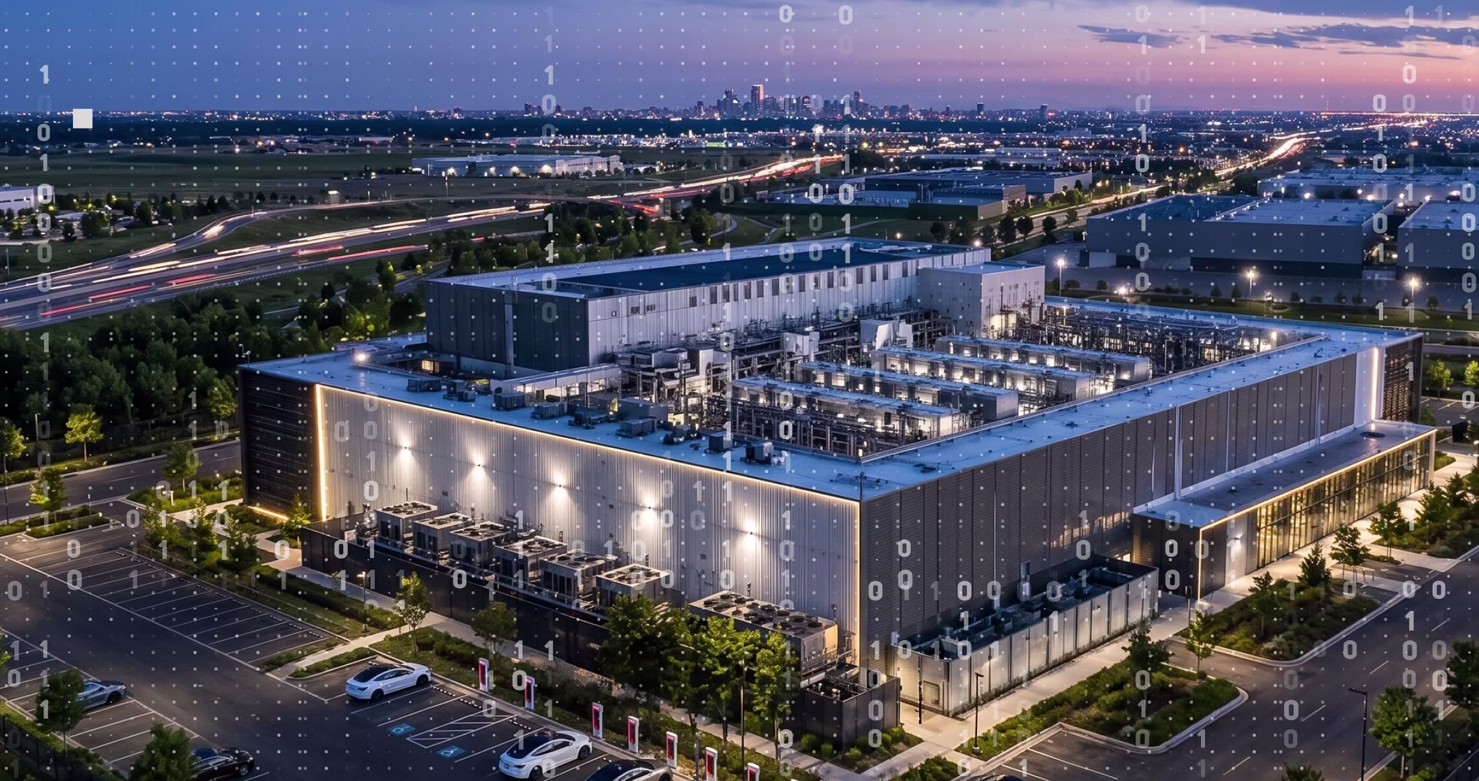 Large illuminated data center building at dusk with parking lot and city skyline in background.