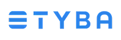Logo with blue stylized horizontal lines followed by letters T Y B A in capital letters.