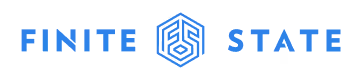 Logo with the words FINITE STATE and a geometric hexagon design in blue.