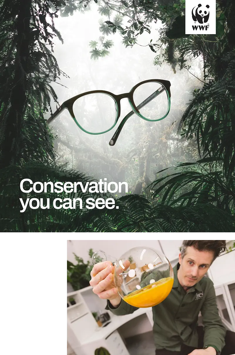 Eyeglasses floating in a lush green forest with the text 'Conservation you can see' and WWF panda logo above; below, a man in a green shirt holding a round glass container with an orange liquid.
