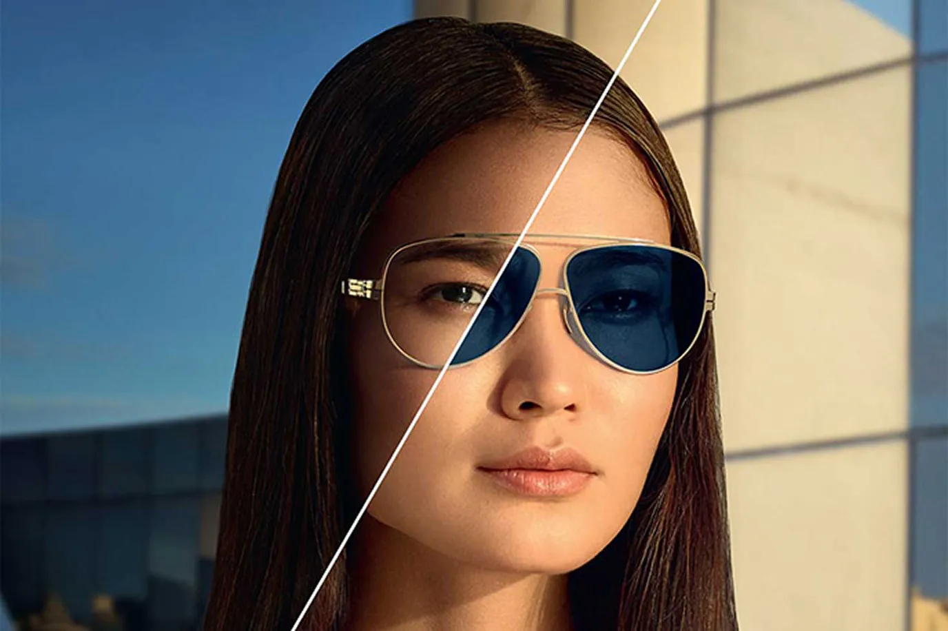 Split image of a woman wearing glasses, one side showing clear lenses and the other side showing blue tinted sunglasses.