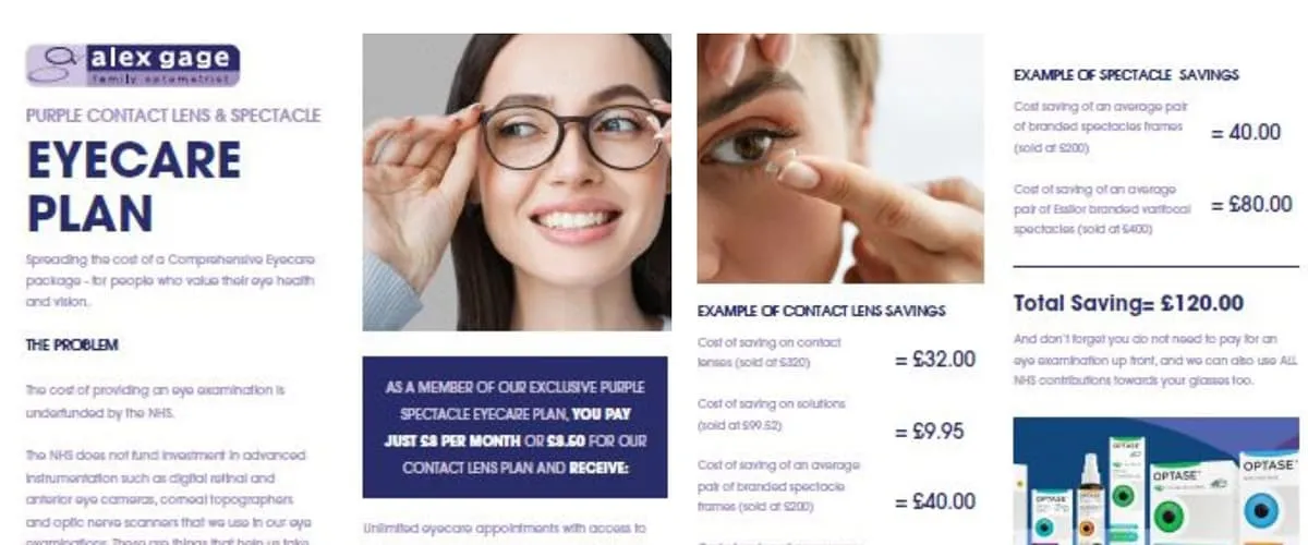 Alex Gage eyecare plan advertisement showing a smiling woman adjusting eyeglasses, a person inserting a contact lens, savings examples on contacts and spectacles, and optase eye care products.