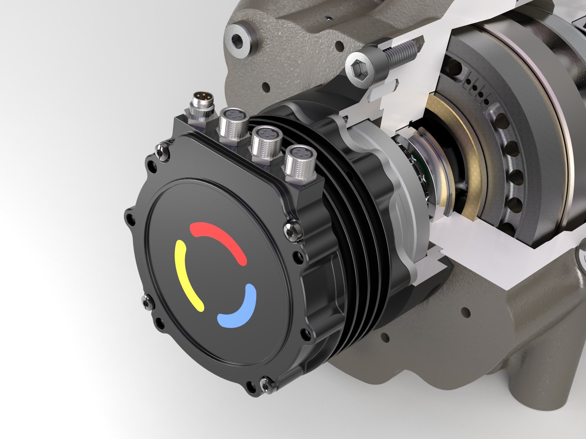 Gedetailleerde weergave van een elektromotor met zichtbare interne onderdelen en gekleurde boogmarkeringen op de zwarte behuizing.