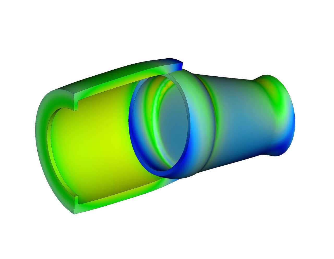 Color-coded 3D simulation model of a cylindrical mechanical part with internal and external sections shown in green, yellow, and blue.