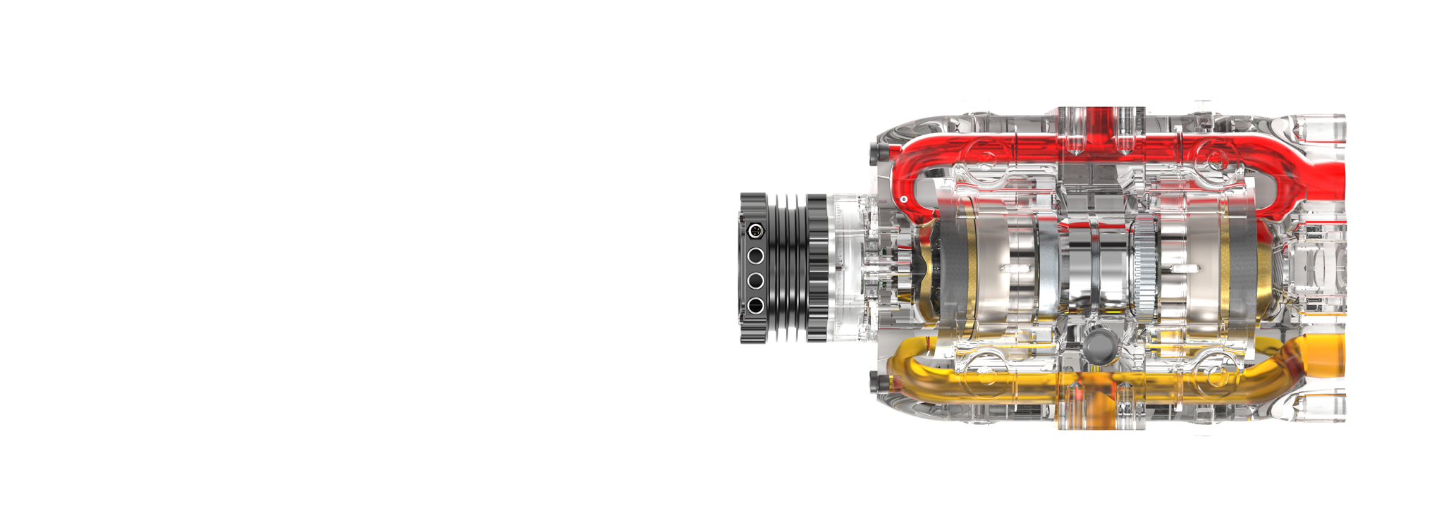 Transparent mechanical engine model showing internal red and yellow fluid pipes.