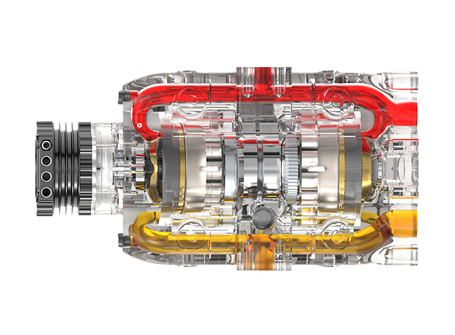 Transparent mechanical component showing internal gears and colored fluid pathways in red and yellow.