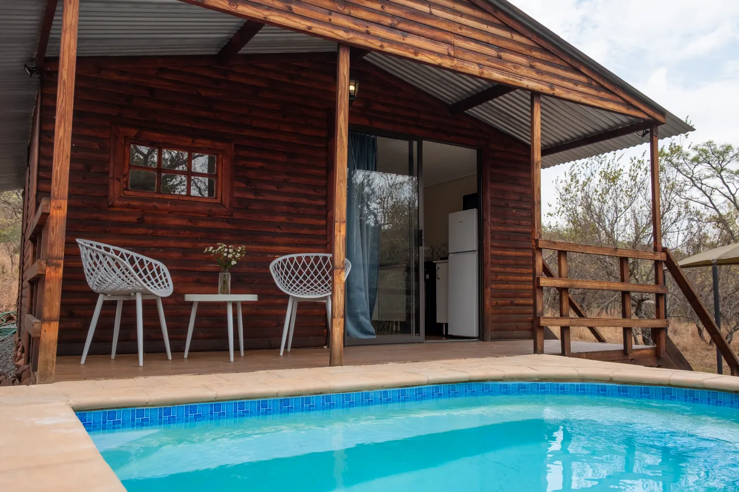 Studio cabin with private plunge pool and fire pit in the African bush at Zebra Nature Reserve