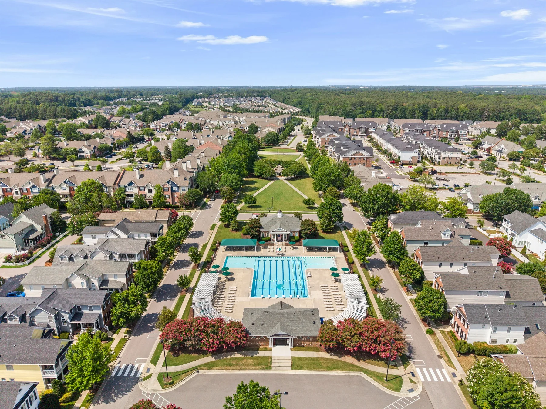 Aerial view of a Cary, North Carolina neighborhood and community pool