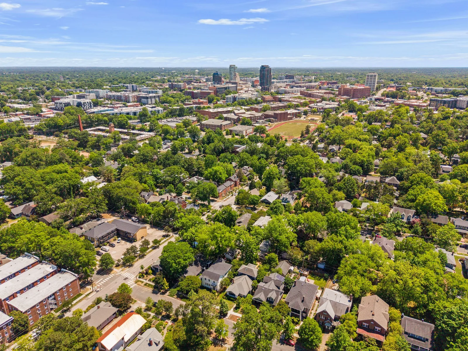Aerial view across residential neighborhoods toward the downtown Durham, North Carolina skyline.