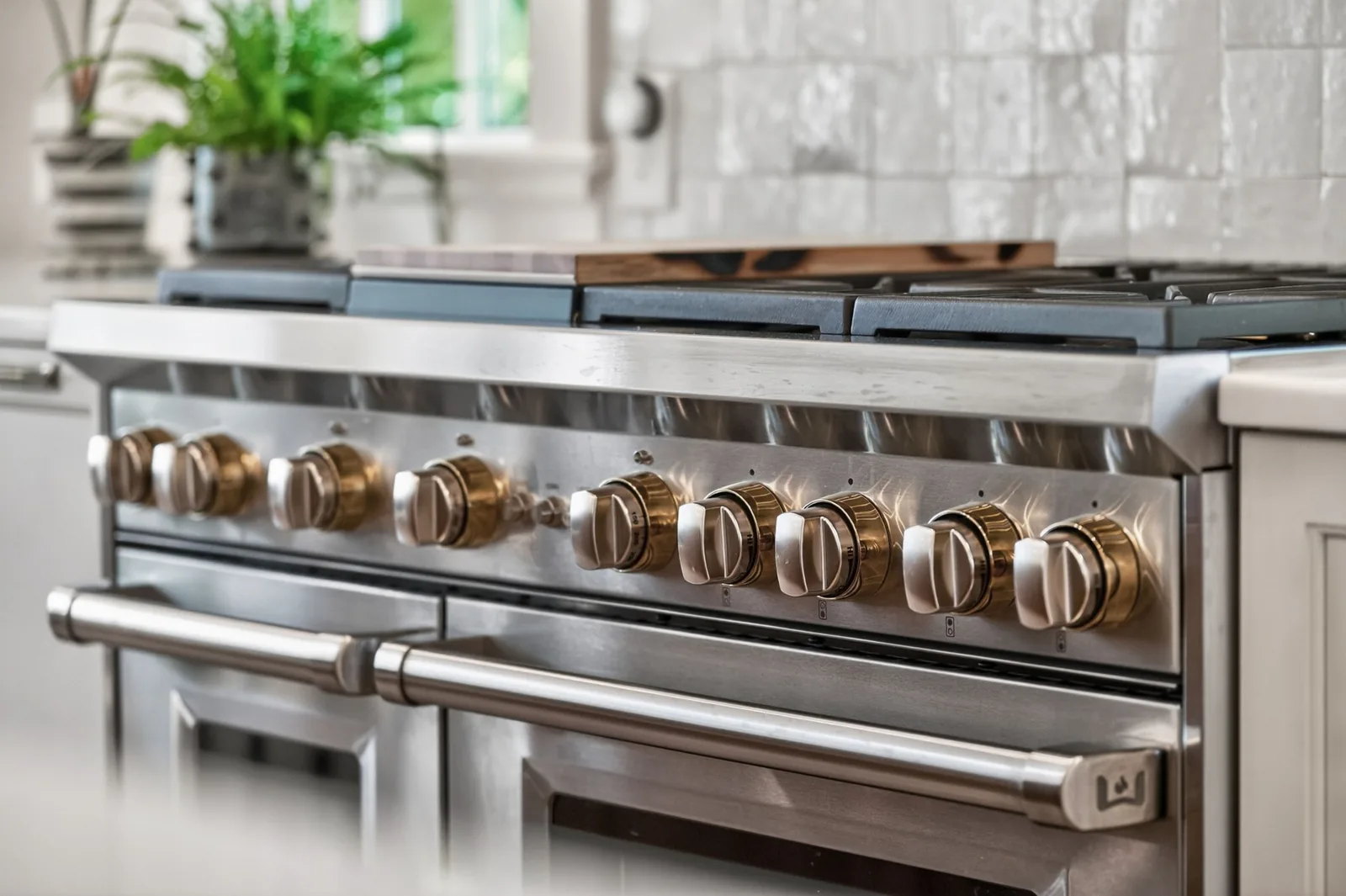Close-up of a professional range with brass-accented controls in a renovated Durham, North Carolina kitchen.