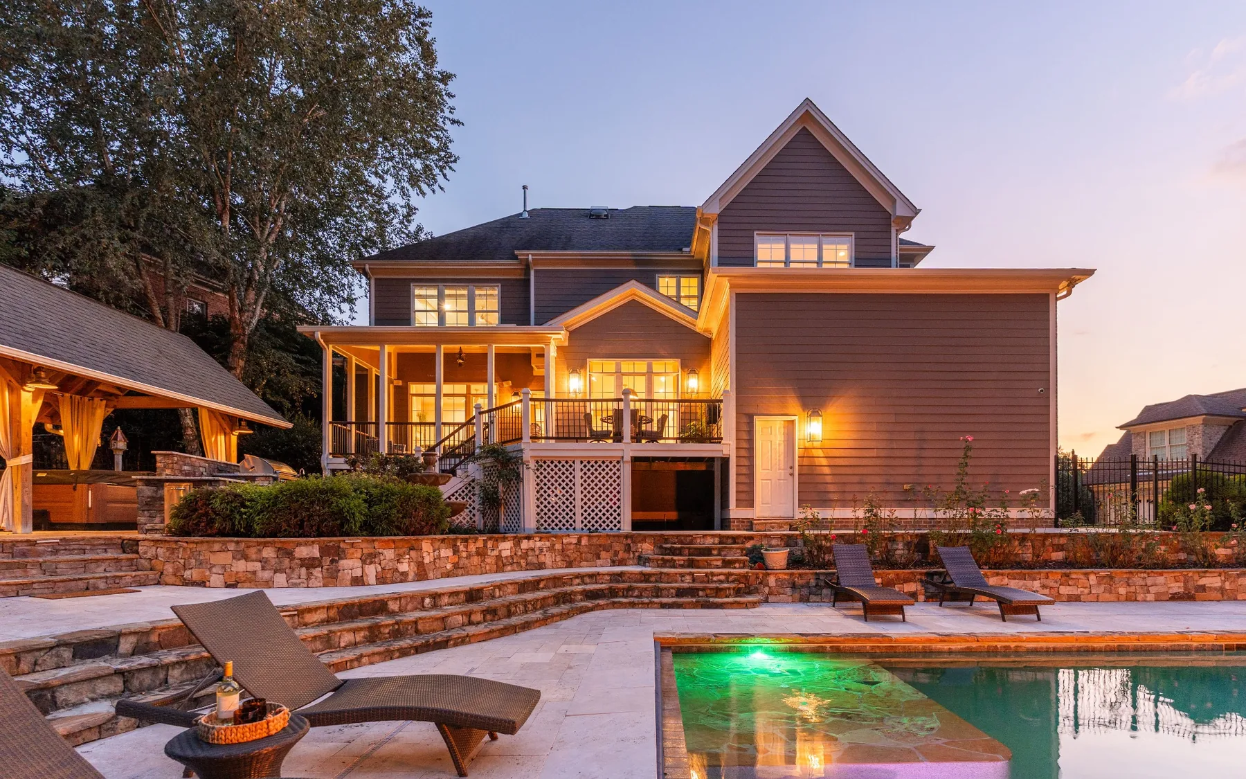 Twilight pool and outdoor living photography in Apex