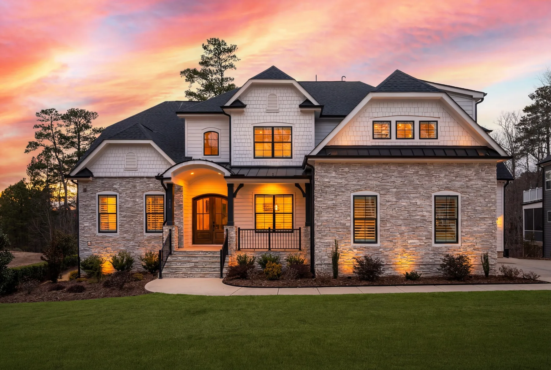 Luxury home twilight exterior photographed in Wake Forest, North Carolina