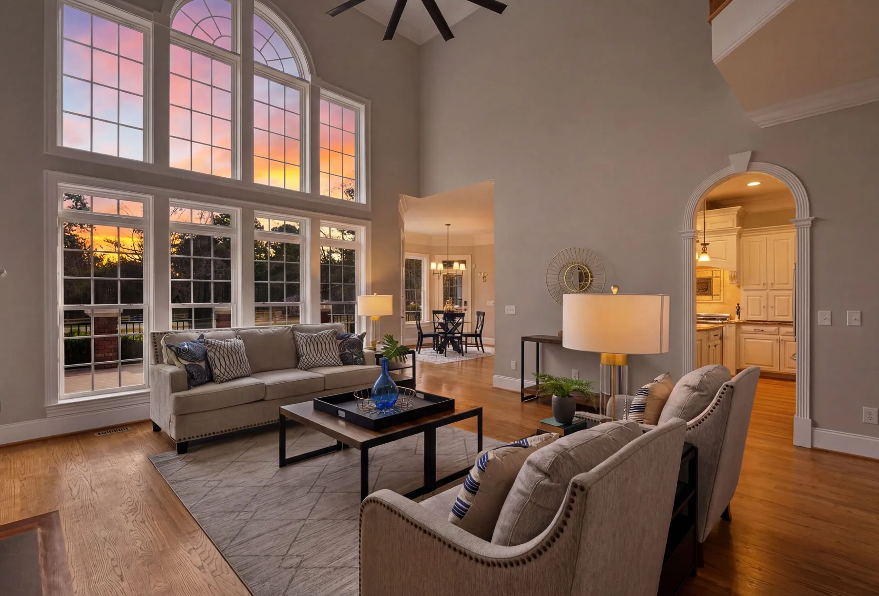 Living room at twilight in Fuquay-Varina, NC