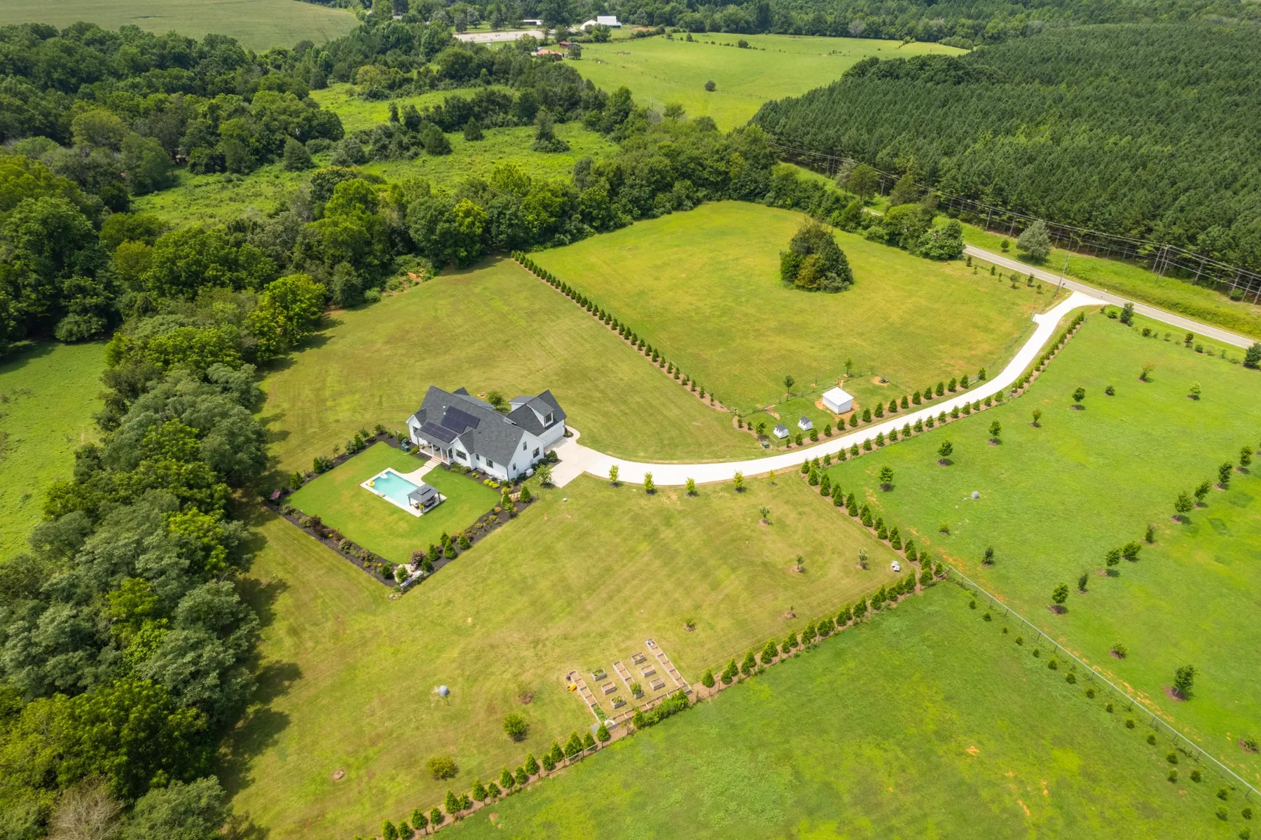 Aerial view of a large residential acreage property in Mebane, NC