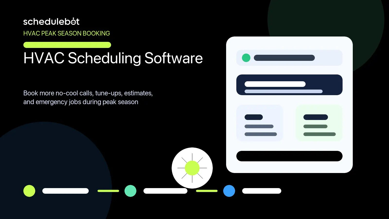 ScheduleBot HVAC scheduling software hero showing peak-season booking, urgent no-cool routing, live availability, and CRM dispatch scheduling