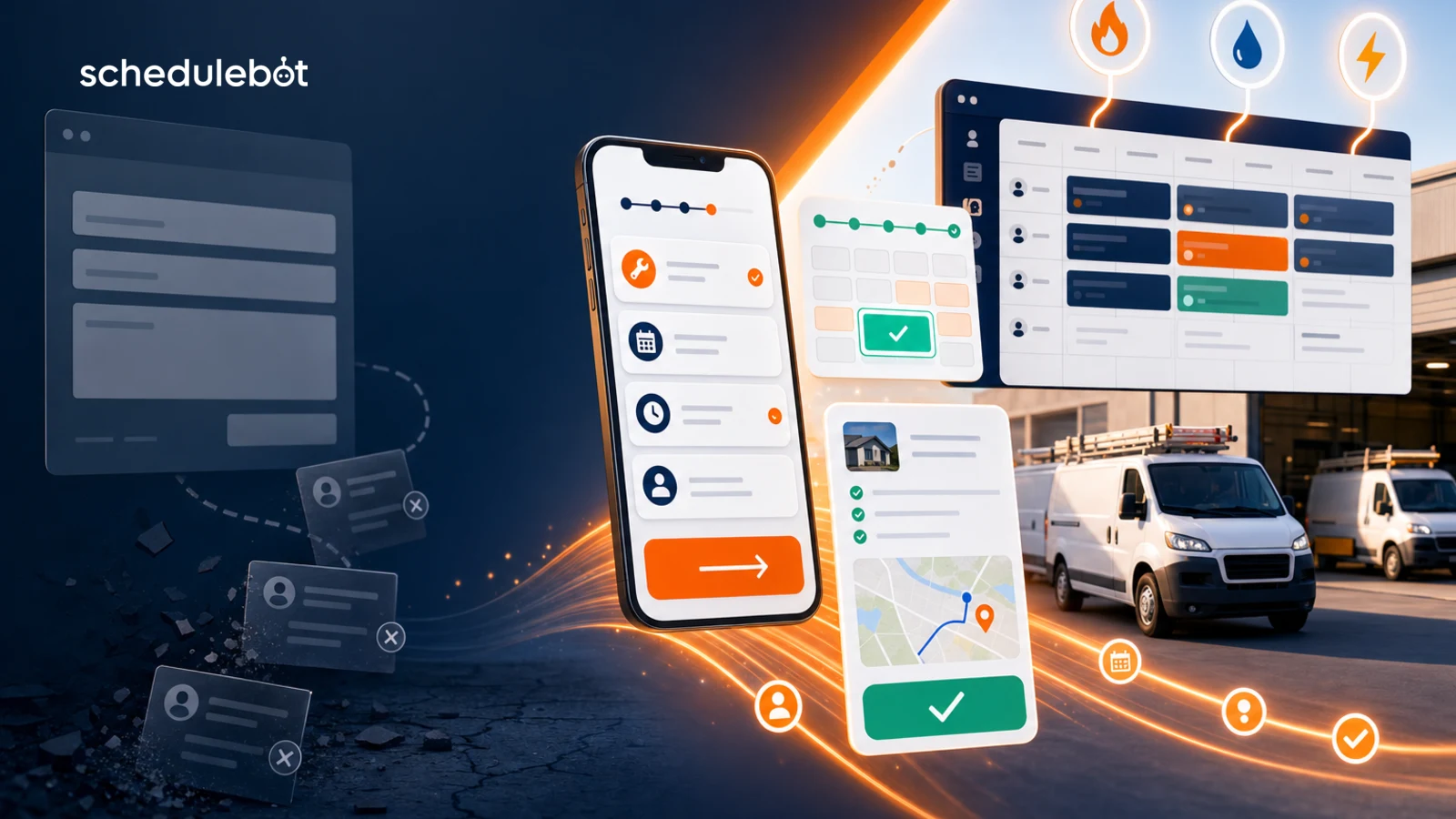 ScheduleBot online booking system hero showing static forms losing leads while AI-guided booking confirms jobs on a home service dispatch board