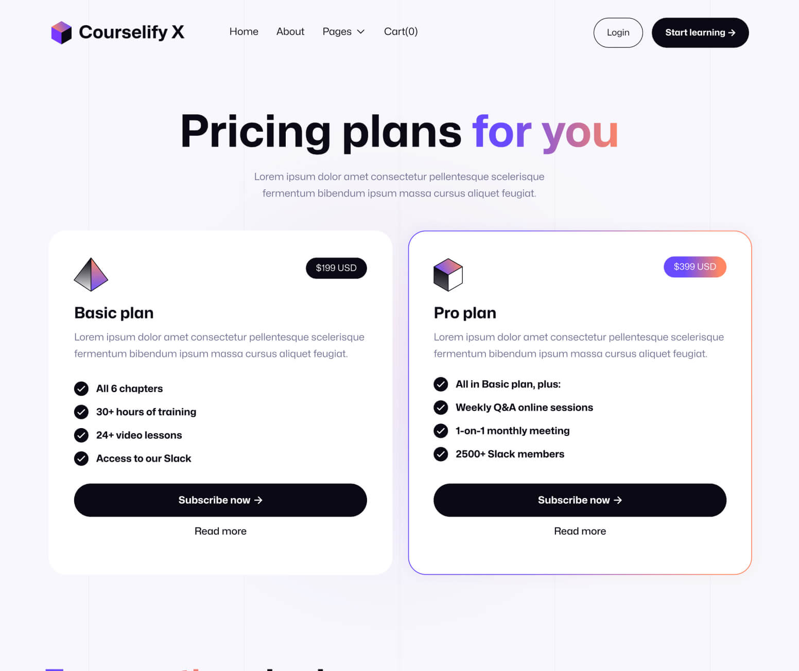 Courselify X - Pricing Page - Course Webflow Template
