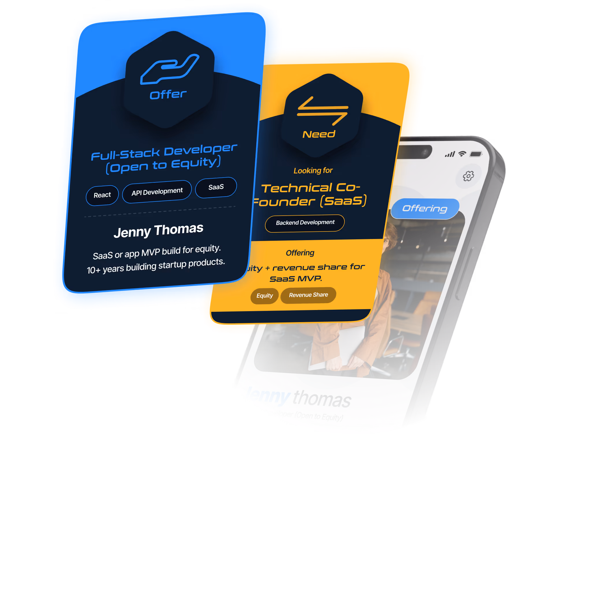 Mobile app interface and cards representing a marketplace for collaboration and value exchange