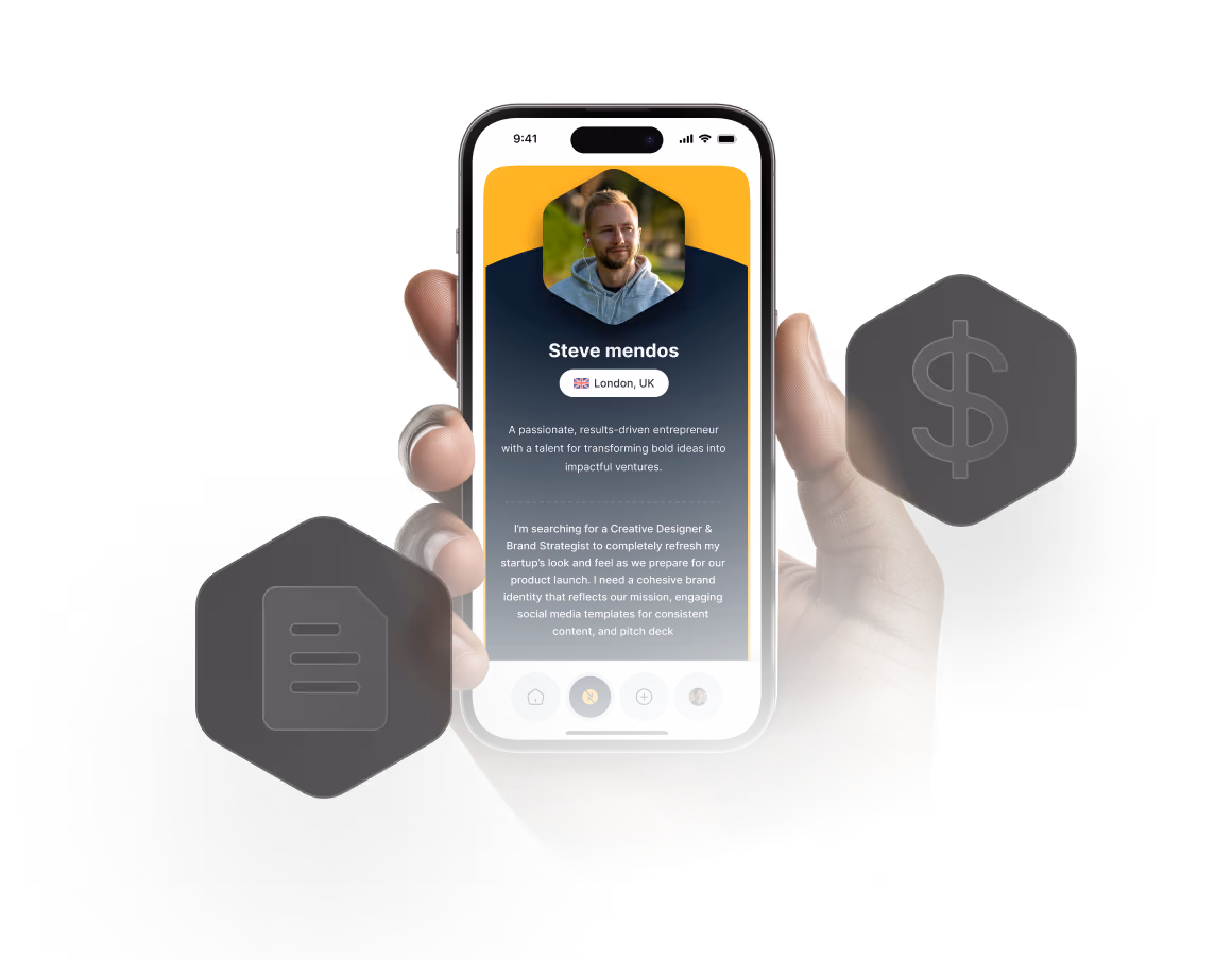 Smartphone displaying the app with features that enable value exchange between entrepreneurs and collaborators