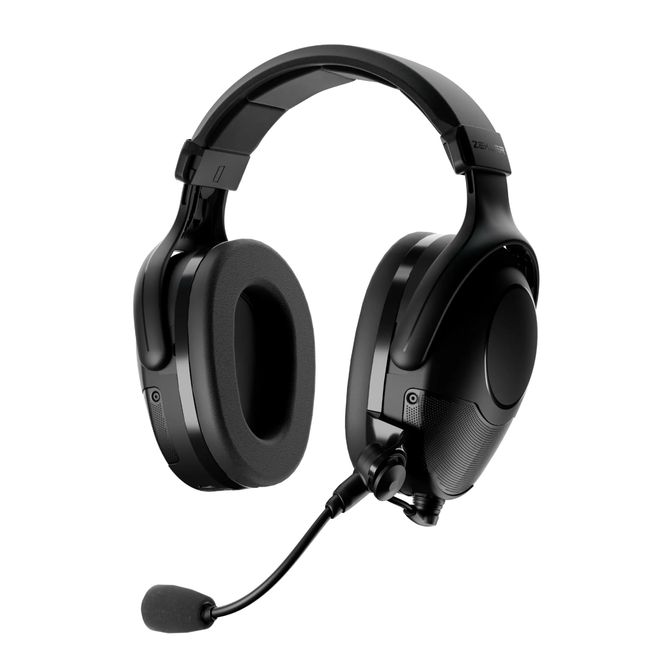 Zekler NEO 85 hörselskydd med bommikrofon, sedd snett framifrån mot teal bakgrund