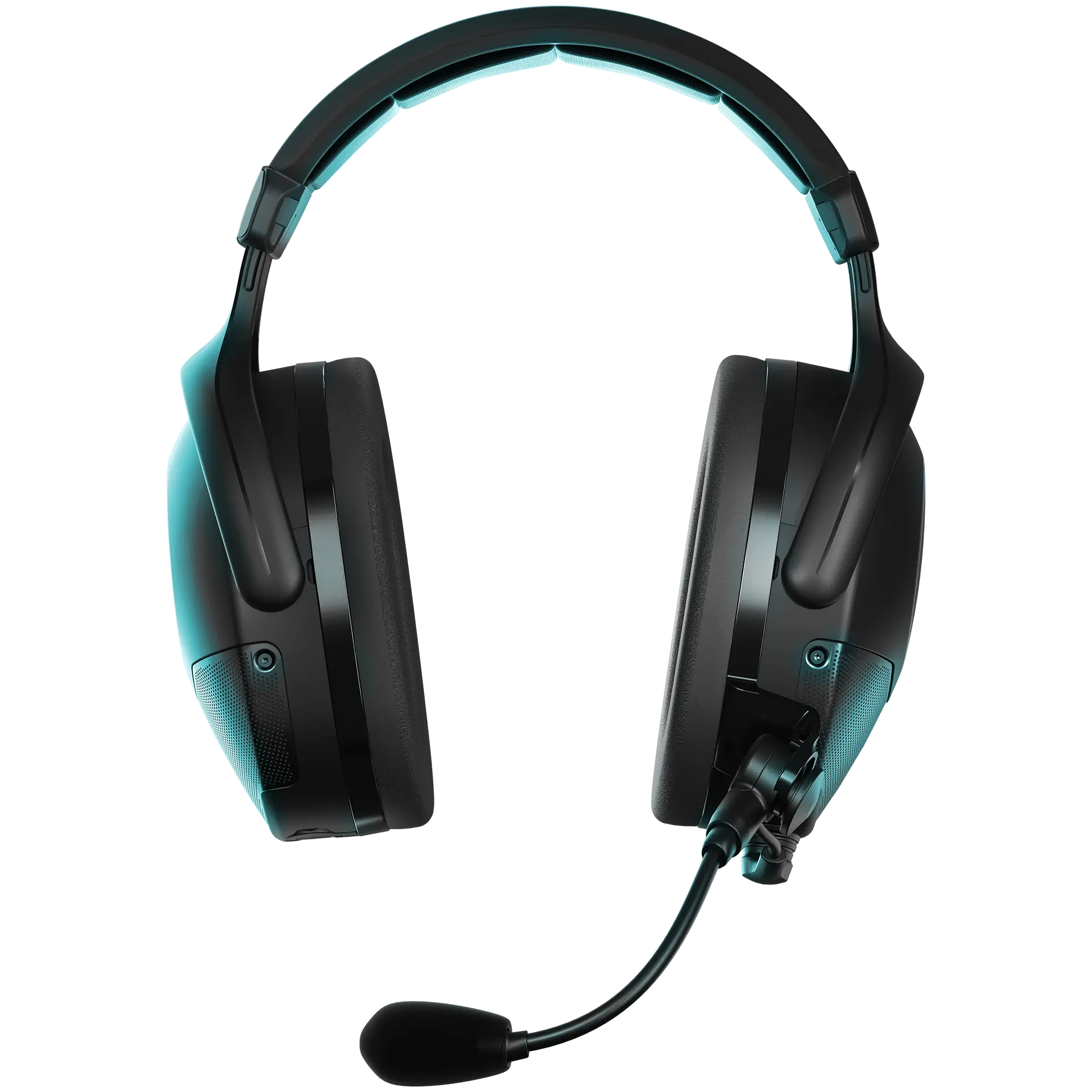 Zekler NEO 85 hearing protector with boom microphone, three-quarter front view on teal background"