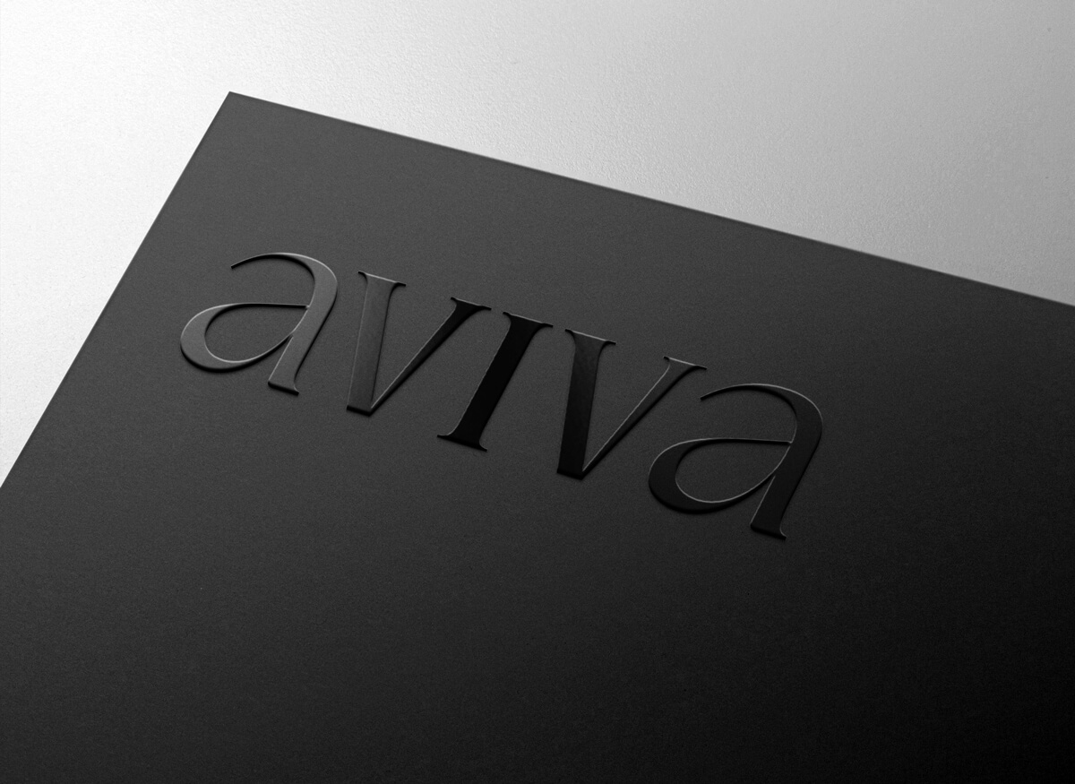 Embossed black text reading 'aviva' on a dark gray textured surface.