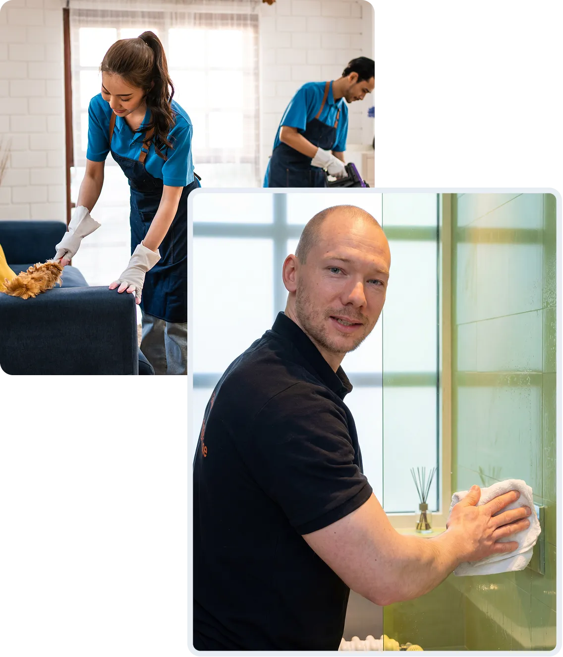 Patrick Ferch und weitere Mitarbeiter vom Leipziger Reinigungsservice reinigen Oberflächen bei einer professionellen Reinigung in Leipzig