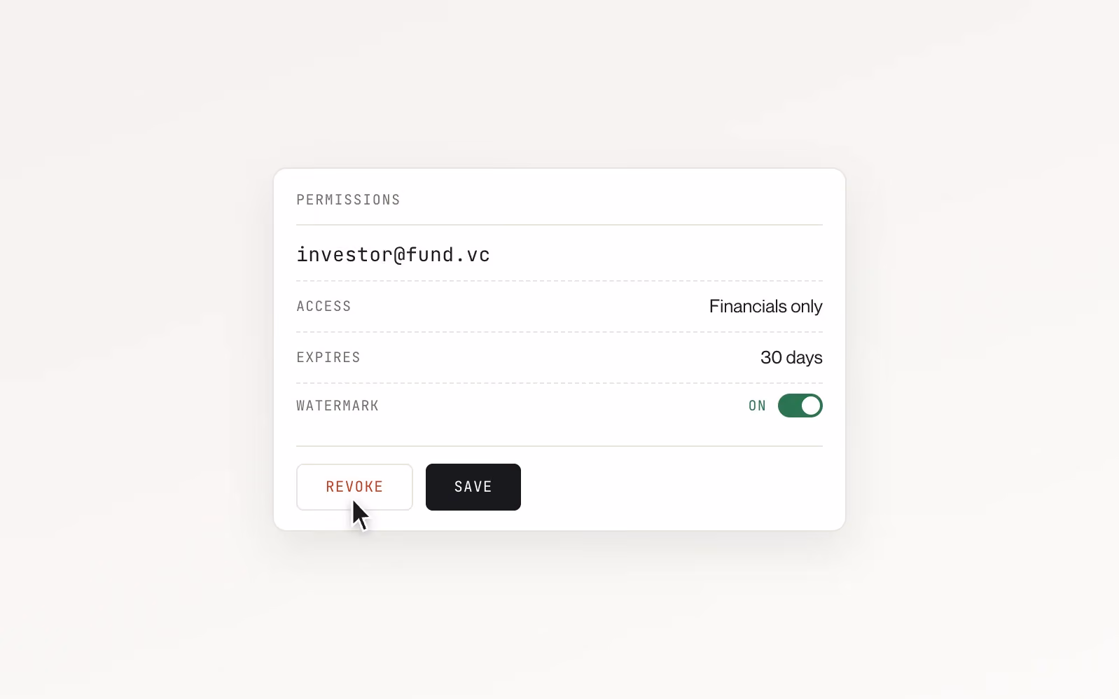 Per-investor permissions limiting access to financials only, expiring in 30 days, watermark on, with revoke alongside save.