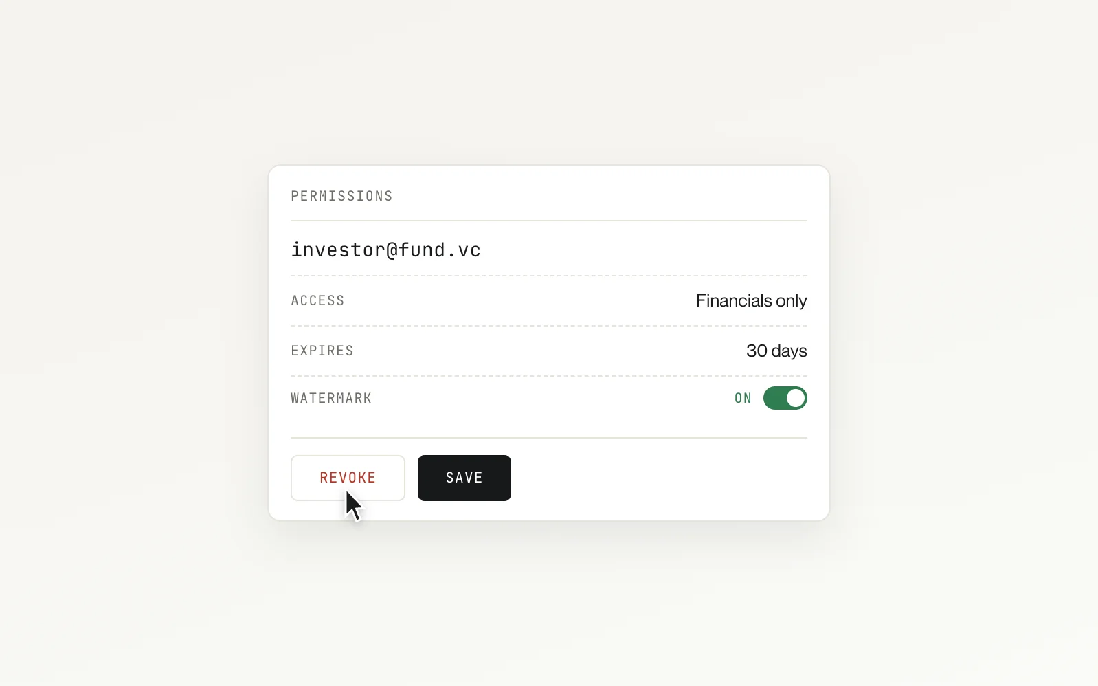 Per-investor permissions limiting access to financials only, expiring in 30 days, watermark on, with revoke alongside save.