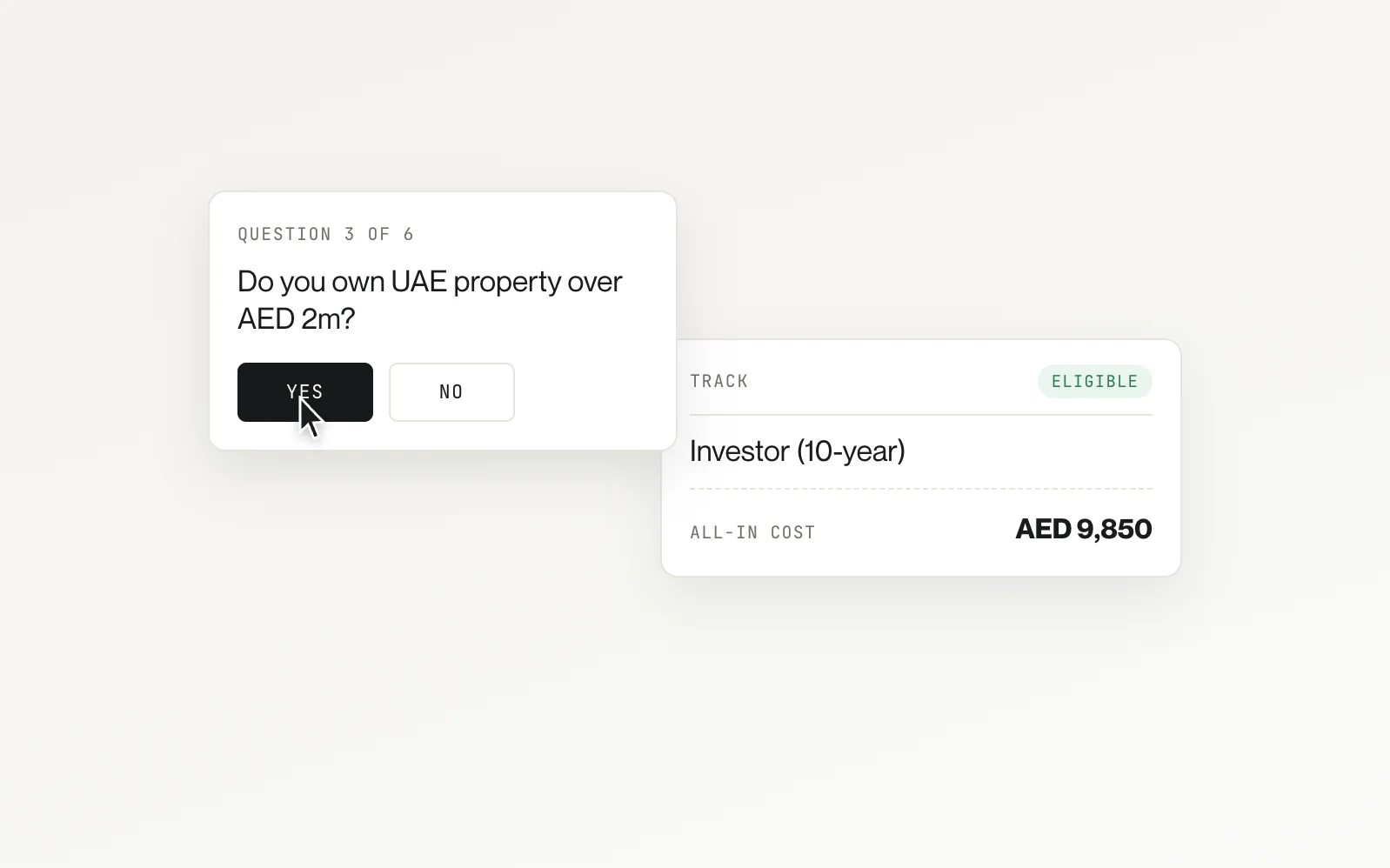 A short eligibility questionnaire resolving to the ten-year investor track, marked eligible, with an all-in cost of AED 9,850.