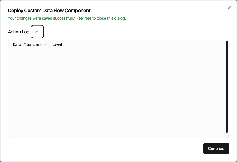 Deploy success dialog with Continue button