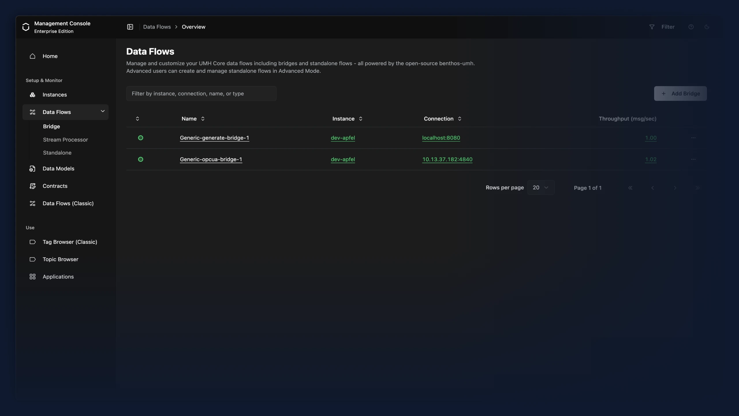 Data Flows list with type selection in the sidebar sub-navigation