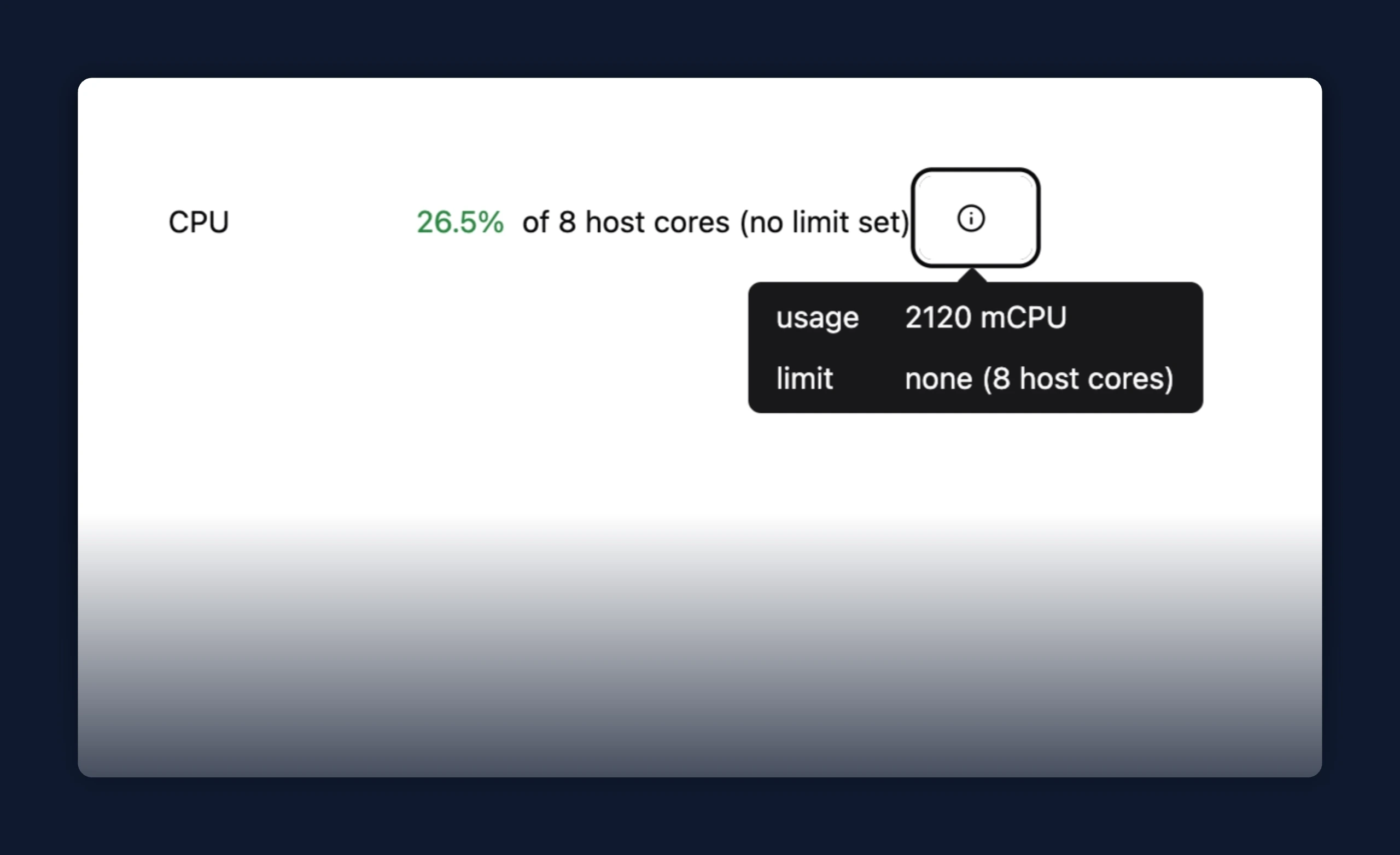 CPU row with no limit set, showing usage against host cores with the metrics tooltip open