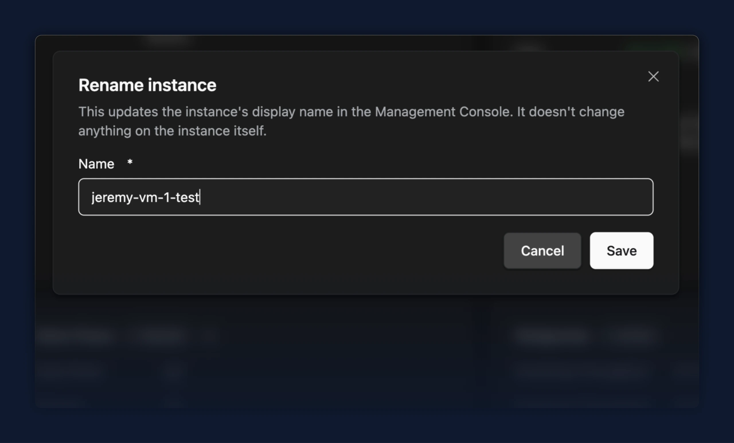 Rename instance dialog with the title 
