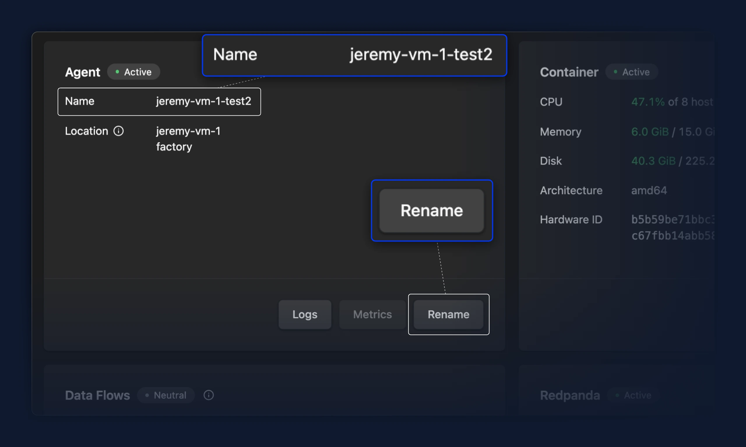 Instance Details page with the Agent card showing Name and Location as read-only rows and a Rename button in the card footer alongside Logs and Metrics