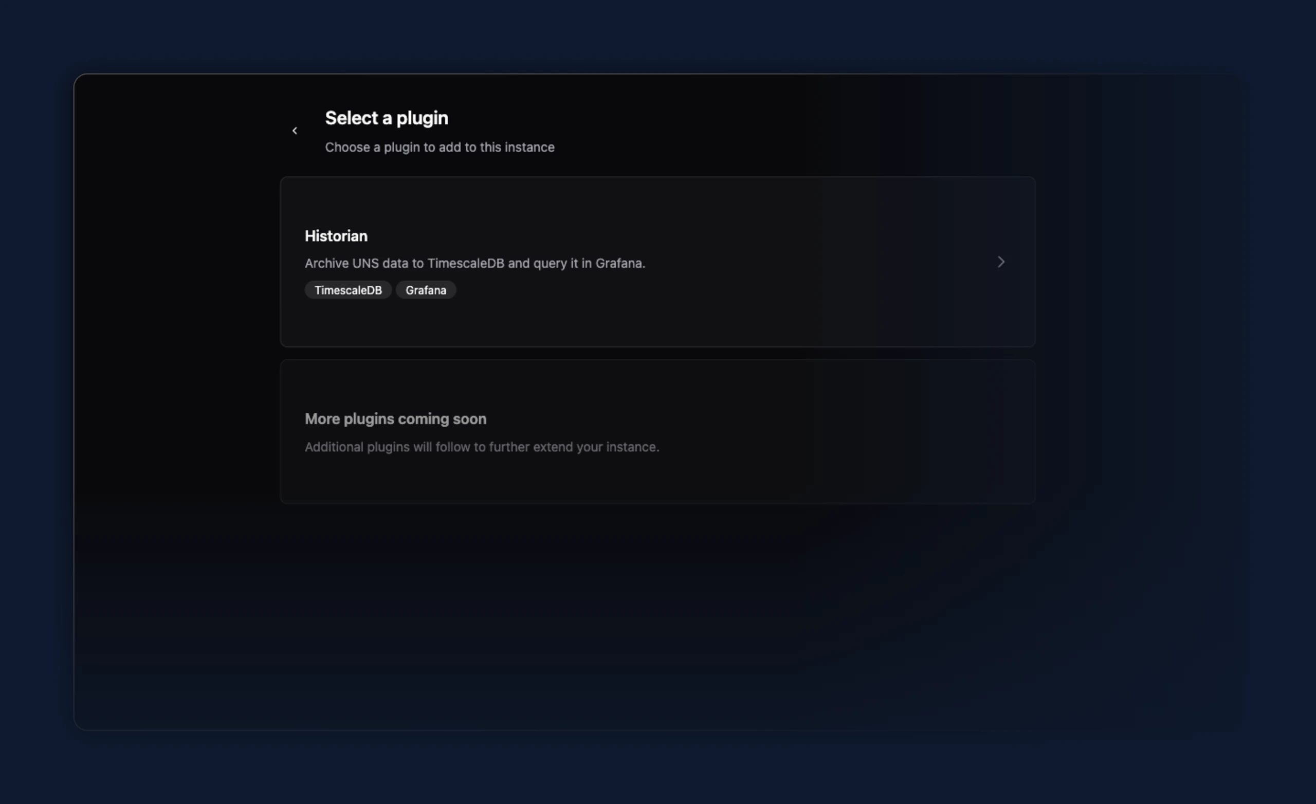 Select a plugin: the Historian plugin in an instance's Plugins tab
