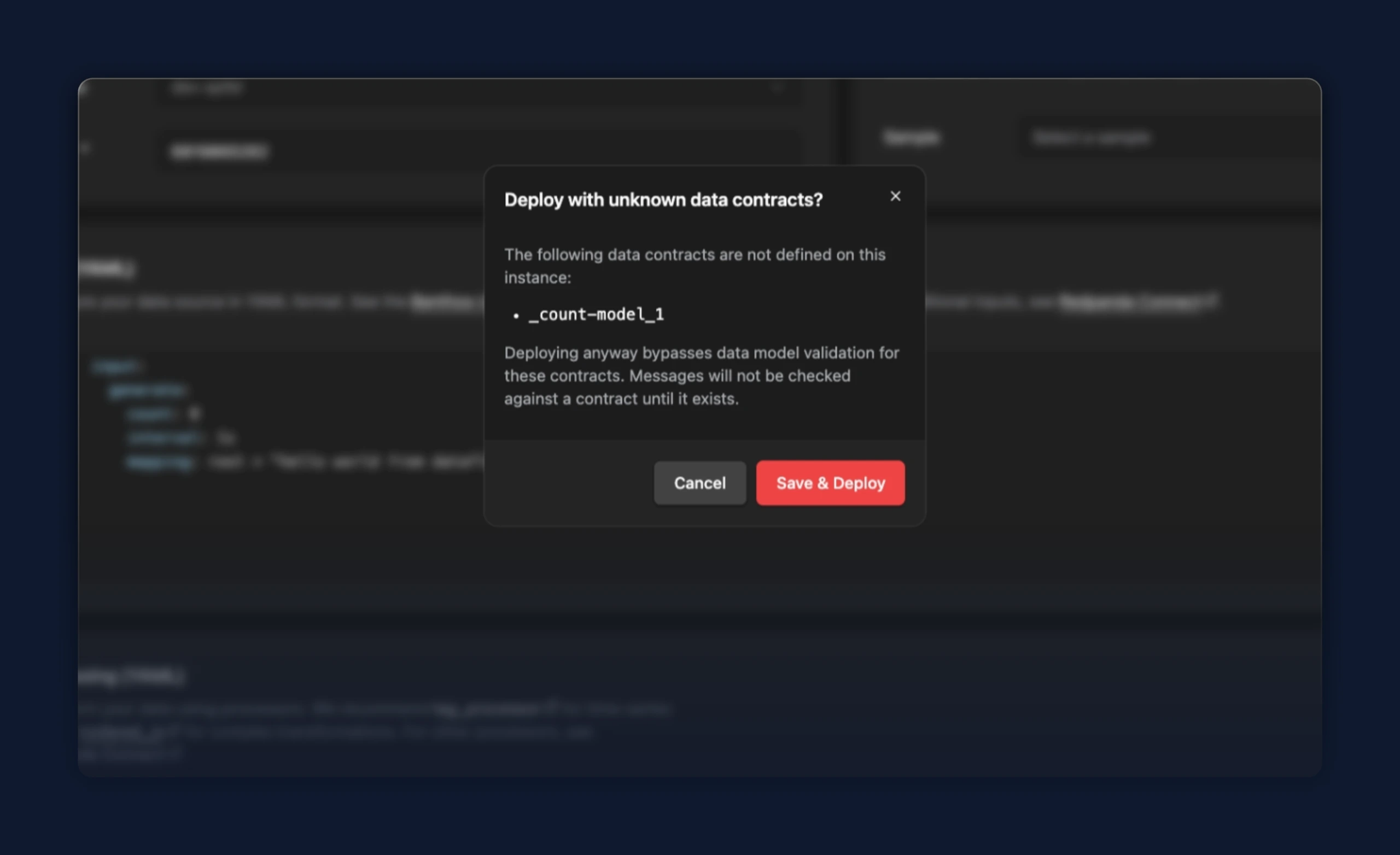 confirmation dialog listing the unknown data contracts with Save & Deploy and Cancel